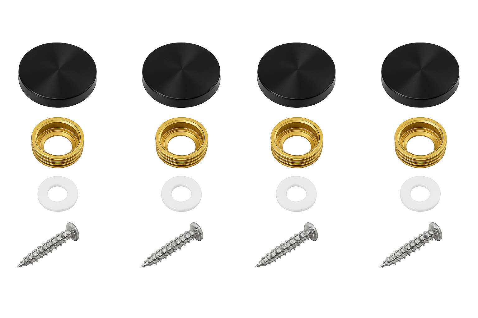 Zwarte sierkap schroefset 16mm – inclusief rubber ringen, messing draadring en schroef