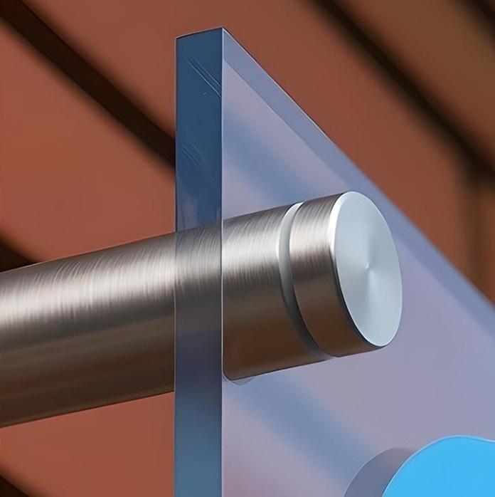 Zijaanzicht RVS zilverkleur afstandhouder 12x40mm gemonteerd op wandoppervlak